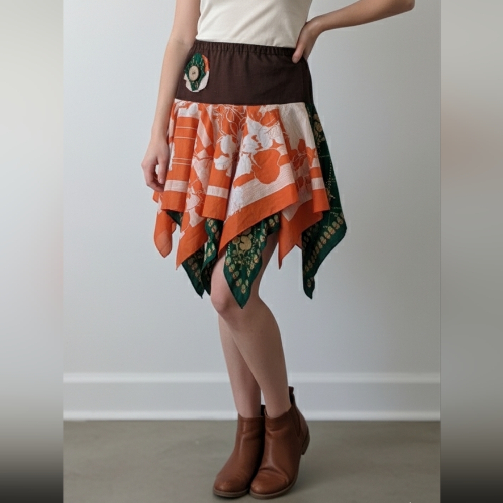 Mushroom Hankerchief Skirt Silky Panels Orange Green Women's X Small